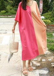 Women v neck patchwork cotton Tunics Tunic Tops pink Kaftan Dress - SooLinen