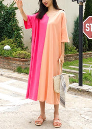 Women v neck patchwork cotton Tunics Tunic Tops pink Kaftan Dress - SooLinen
