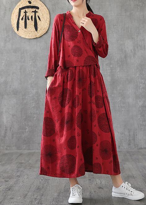 Women v neck patchwork cotton clothes red embroidery long Dresses - SooLinen