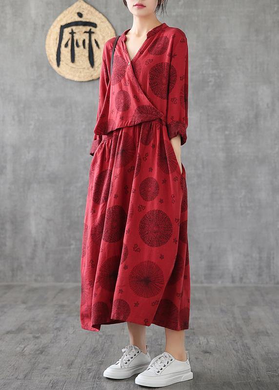 Women v neck patchwork cotton clothes red embroidery long Dresses - SooLinen