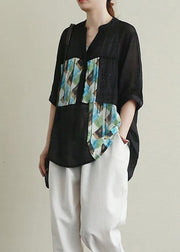 Women v neck patchwork cotton tops women black print Diamond top - SooLinen