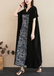 Women v neck patchwork linen Surroundings Work black Dresses - SooLinen