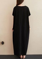 Women v neck patchwork linen Surroundings Work black Dresses - SooLinen