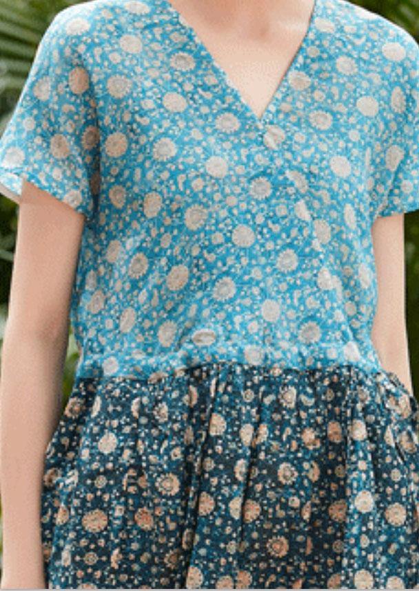 Women v neck patchwork linen clothes Women Fabrics blue print Kaftan Dresses summer - SooLinen