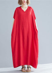 Women v neck pockets cotton linen summer Soft Surroundings Work red Dress - SooLinen