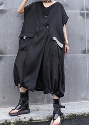 Women v neck pockets linen outfit Wardrobes black print Dresses summer - SooLinen
