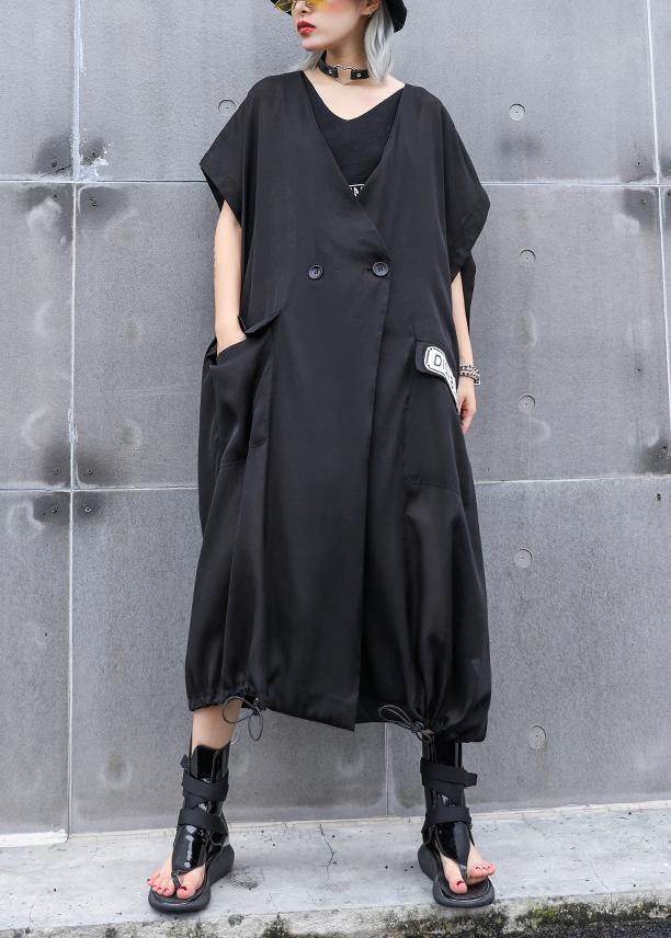 Women v neck pockets linen outfit Wardrobes black print Dresses summer - SooLinen