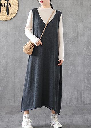 Women v neck sleeveless Tunics Fabrics gray long Dresses spring - SooLinen