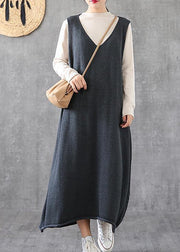 Women v neck sleeveless Tunics Fabrics gray long Dresses spring - SooLinen