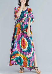 Women v neck tie waist cotton Fashion Ideas purple print Dress summer - SooLinen