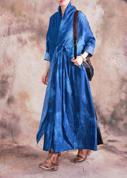 Women v neck tie waist cotton clothes denim blue A Line Dress fall - SooLinen