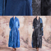 Women v neck tie waist cotton clothes denim blue A Line Dress fall - SooLinen