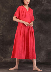 Women v neck tie waist linen clothes For Women Inspiration red Dress summer - SooLinen