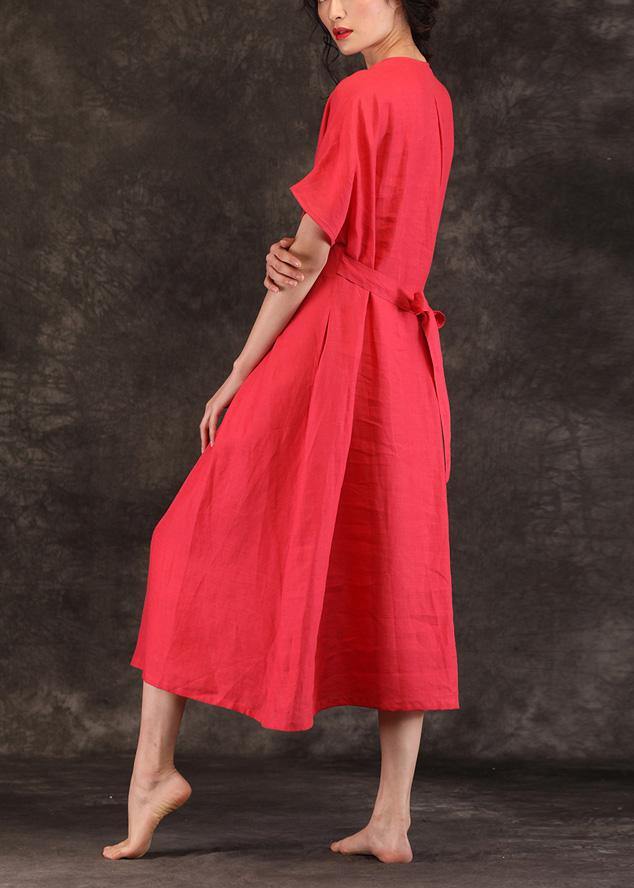 Women v neck tie waist linen clothes For Women Inspiration red Dress summer - SooLinen