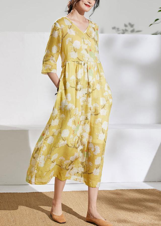 Women v neck tie waist linen summer dresses Outfits yellow print Dresses - SooLinen