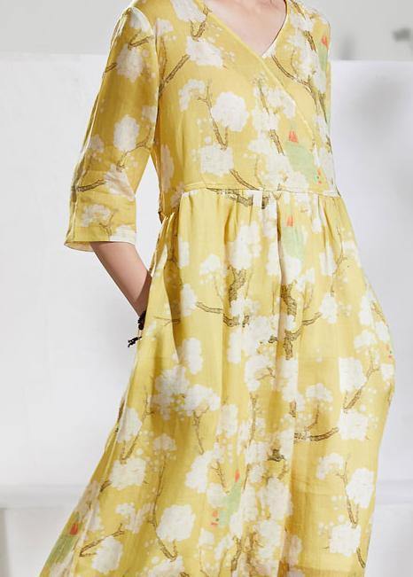 Women v neck tie waist linen summer dresses Outfits yellow print Dresses - SooLinen