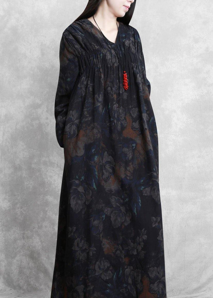 Women v neck Cinched clothes For Women Catwalk black print Robe Dresses - SooLinen