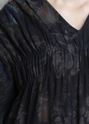 Women v neck Cinched clothes For Women Catwalk black print Robe Dresses - SooLinen