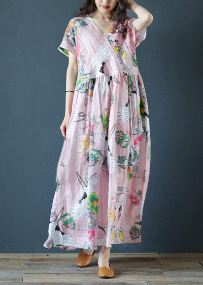Women v neck Cinched linen Robes Fashion Ideas pink print Dress - SooLinen
