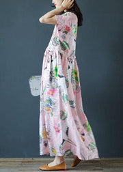 Women v neck Cinched linen Robes Fashion Ideas pink print Dress - SooLinen