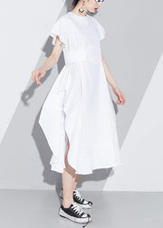 Women white Cotton tunic pattern short sleeve loose asymmetric sundress Dress - SooLinen