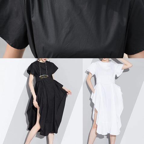 Women white Cotton tunic pattern short sleeve loose asymmetric sundress Dress - SooLinen