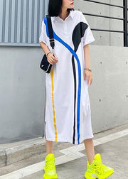 Women white cotton quilting clothes lapel patchwork A Line summer Dresses - SooLinen