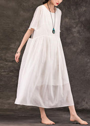 Women white linen Long Shirts o neck pockets patchwork Maxi summer Dress - SooLinen