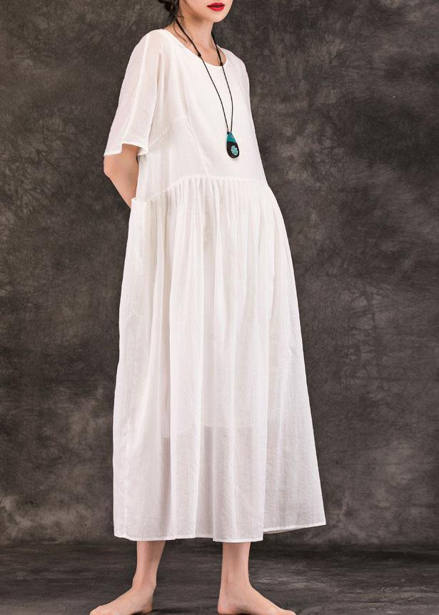 Women white linen Long Shirts o neck pockets patchwork Maxi summer Dress - SooLinen
