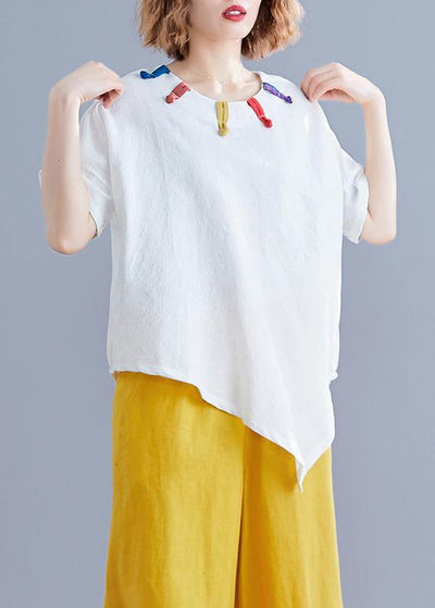Women white linen clothes Cotton o neck asymmetric summer top - SooLinen