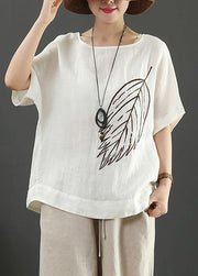 Women white linen tops o neck baggy summer blouse - SooLinen