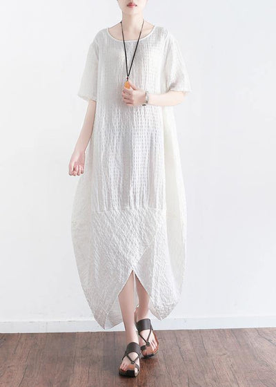 Women white plaid linen clothes front open Maxi summer Dresses - SooLinen