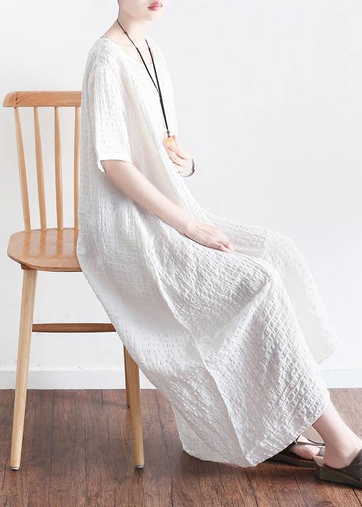 Women white plaid linen clothes front open Maxi summer Dresses - SooLinen