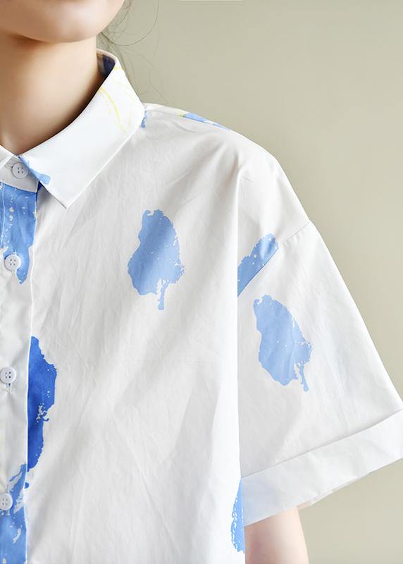 Women white print Wardrobes lapel Button Down summer tops - SooLinen