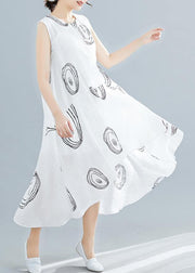 Women white print linen cotton clothes For Women sleeveless low high design shift summer Dress - SooLinen