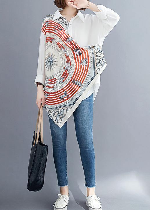 Women white prints blended box top asymmetric baggy summer blouses - SooLinen
