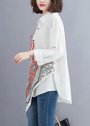 Women white prints blended box top asymmetric baggy summer blouses - SooLinen