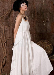 Women white sleeveless linen clothes ruffles side Art summer Dress - SooLinen