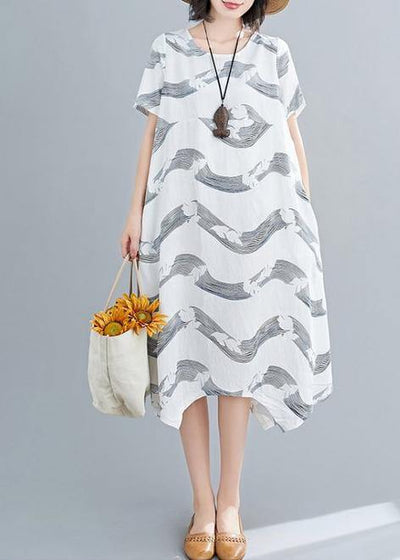 Women white striped linen clothes For Women o neck patchwork short summer Dresses - SooLinen