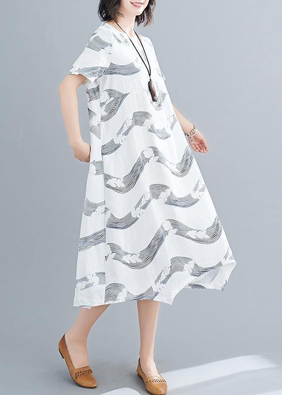 Women white striped linen clothes For Women o neck patchwork short summer Dresses - SooLinen