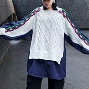 Women white top o neck patchwork oversized shirts - SooLinen