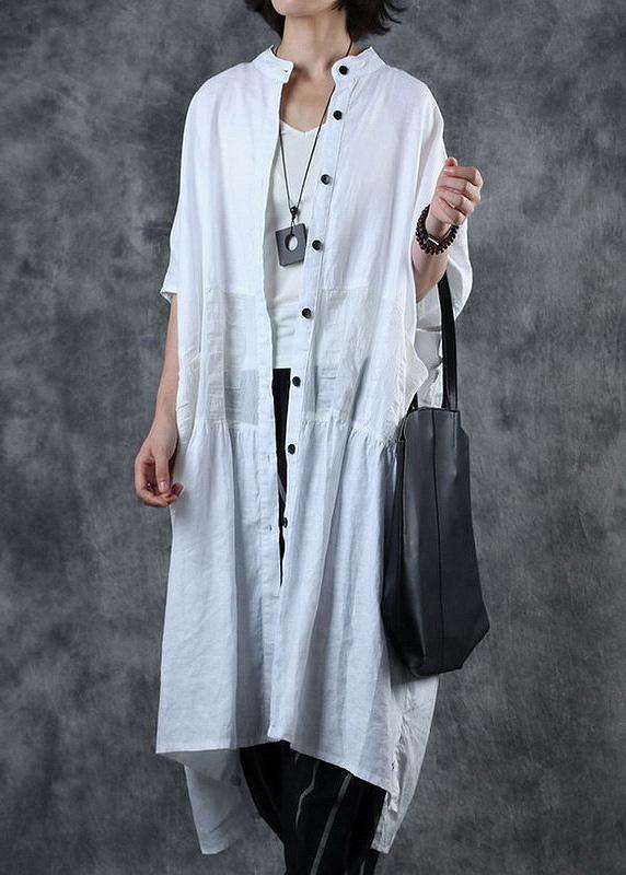 Women white fine crane coats Work Outfits low high design stand collar coats - SooLinen