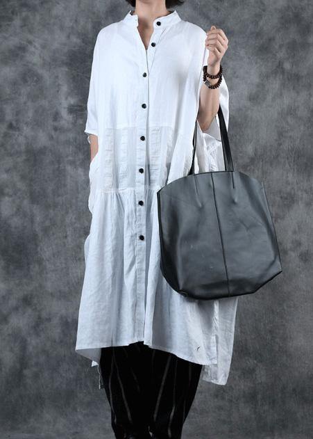 Women white fine crane coats Work Outfits low high design stand collar coats - SooLinen