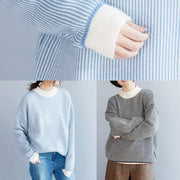 Women wild black white striped knit sweat tops oversized patchwork collar sweater tops - SooLinen
