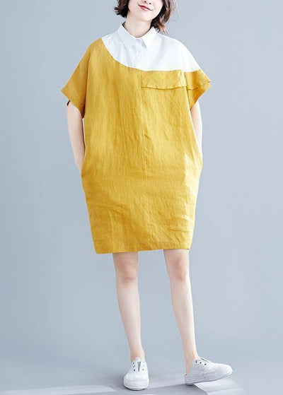 Women yellow Cotton tunics for women o neck patchwork loose summer Dresses - SooLinen