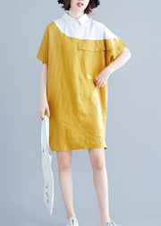 Women yellow Cotton tunics for women o neck patchwork loose summer Dresses - SooLinen