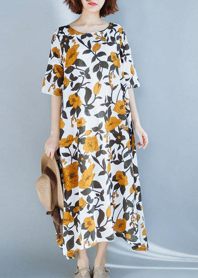 Women yellow cotton Robes prints A Line summer Dresses - SooLinen