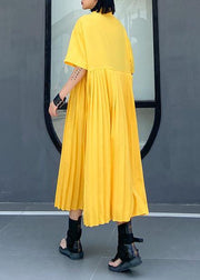 Women yellow cotton clothes Women lapel Cinched Kaftan summer Dress - SooLinen