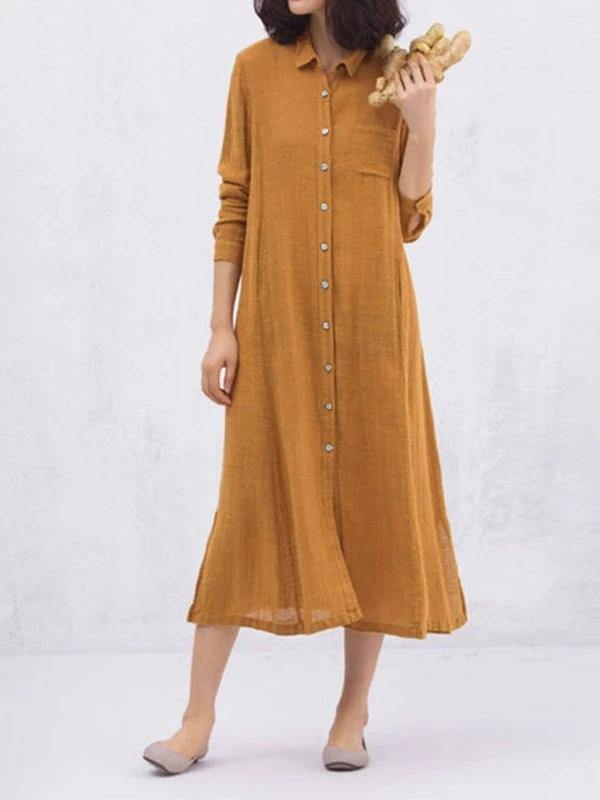 Women yellow cotton clothes lapel Button loose spring Dresses - SooLinen
