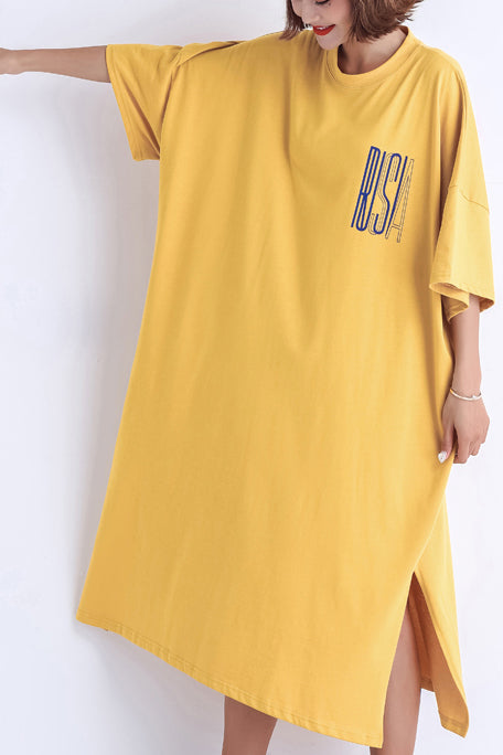 Women yellow cotton dress plus size Fabrics o neck side open Art Summer Dresses